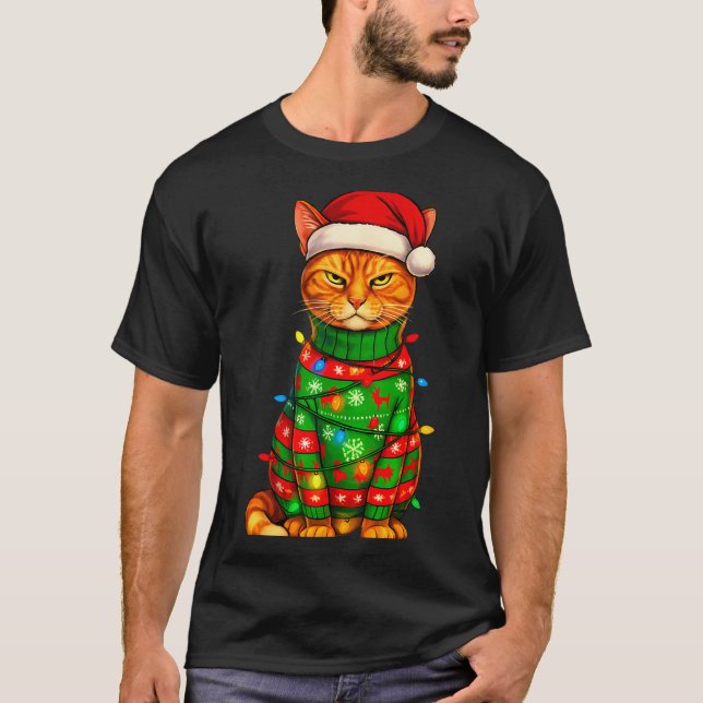 Orange Tabby Cat Christmas Lights Funny Santa Holi T-Shirt (Front)