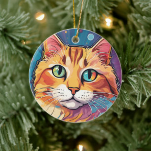 Orange Tabby Cat   Contemporary Colourful Painting Ceramic Tree Decoration