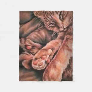 Orange Tabby Cat Drawing Curled Up Fleece Blanket
