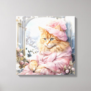 Orange Tabby Cat Dressed In Pink In A Window Canvas Print