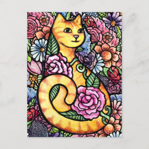 Orange Tabby Cat Flower Garden Holiday Postcard