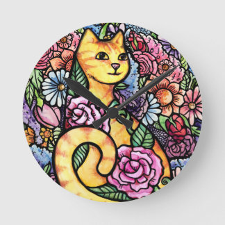 Orange Tabby Cat Flower Garden Round Clock