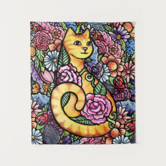 Orange Tabby Cat Flower Garden Tapestry