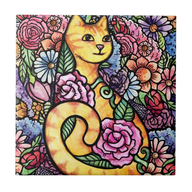 Orange Tabby Cat Flower Garden Tile (Front)