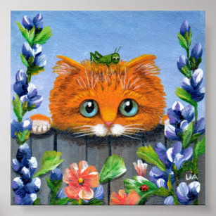 Orange Tabby Cat Grasshopper Flowers Creationarts Poster