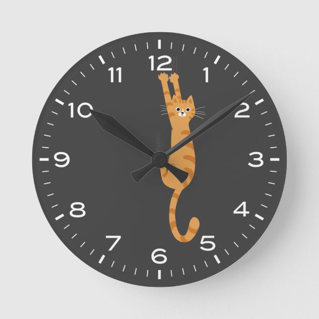 Orange Tabby Cat Hanging On Funny Round Clock (Front)