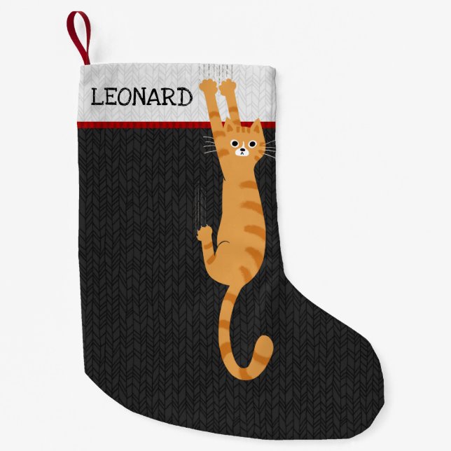  Orange Tabby Cat Hanging On Striped Cat Custom Small Christmas Stocking (Front)