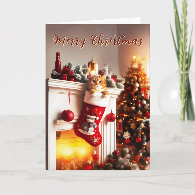Orange Tabby Cat in a Stocking Christmas Card (Front)