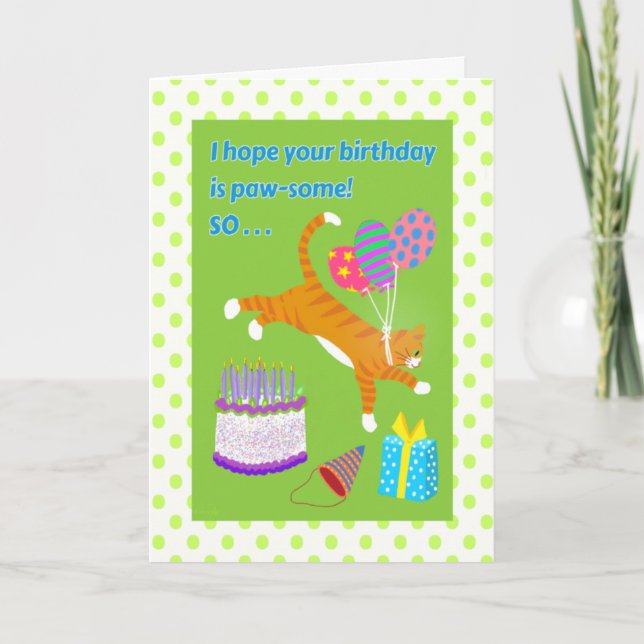 Orange Tabby Cat leaps over the Birthday Cake! Card (Front)