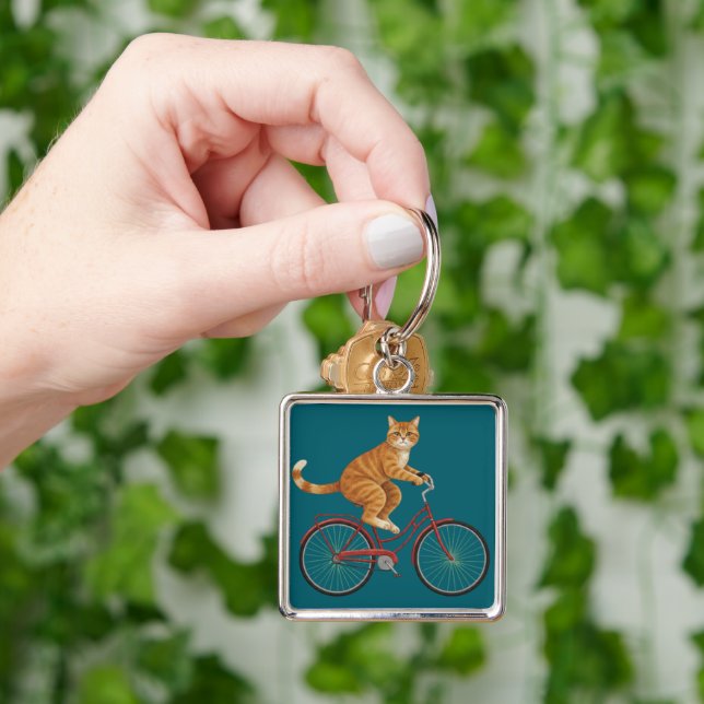 Orange Tabby Cat on a Bicycle  Key Ring (Hand)