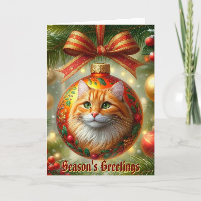 Orange Tabby Cat Ornament on a Christmas Card (Front)