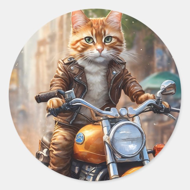 Orange Tabby Cat Out for a Motorcycle Ride Classic Round Sticker (Front)