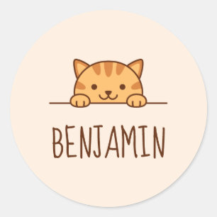 Orange Tabby Cat Peeking above Custom Name Classic Round Sticker