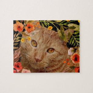 Orange Tabby Cat Photo with Flower Frame Jigsaw Puzzle