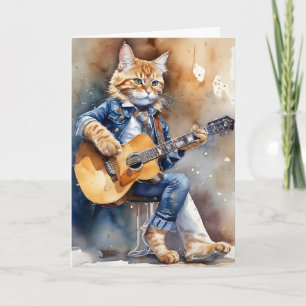 Orange Tabby Cat Rock Star Playing Acoustic Guitar Card
