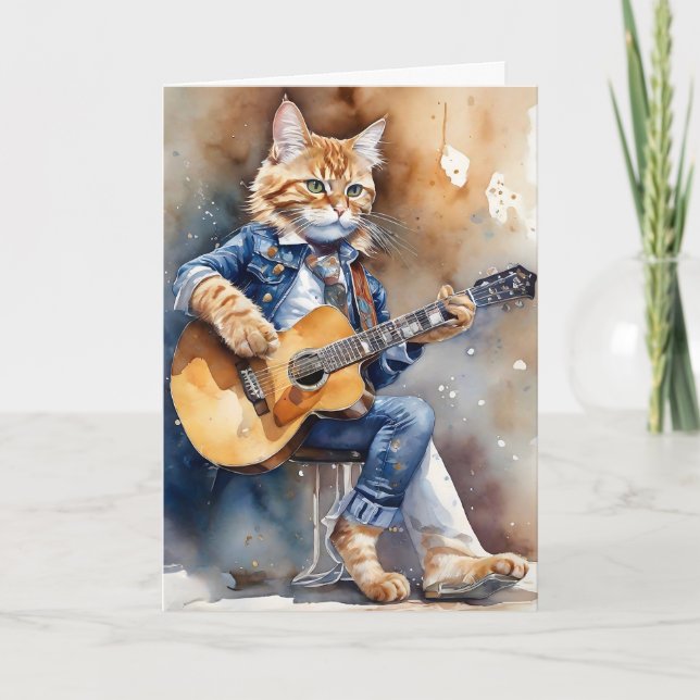 Orange Tabby Cat Rock Star Playing Acoustic Guitar Card (Front)