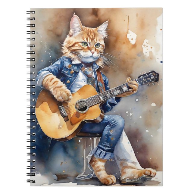 Orange Tabby Cat Rock Star Playing Acoustic Guitar Notebook (Front)