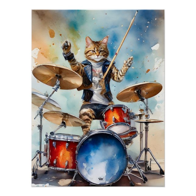Orange Tabby Cat Rock Star Playing the Drums Poster (Front)
