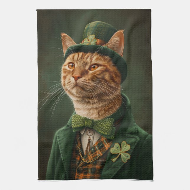 Orange Tabby Cat St. Patrick's Day Tea Towel (Vertical)