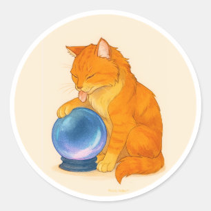 Orange Tabby cat with blue crystal ball  Classic Round Sticker