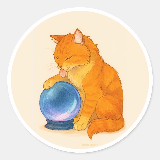 Orange Tabby cat with blue crystal ball  Classic Round Sticker (Front)
