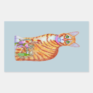 Orange Tabby Cat with Dancing Mice Front Rectangular Sticker