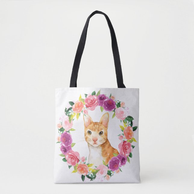 Orange Tabby Cat with Floral Wreath Tote Bag (Front)