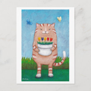 Orange Tabby Cat with Flowers Butterflies Postcard