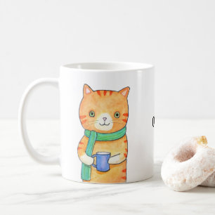 Orange Tabby Cat with Hot Drink Funny Custom Name  Coffee Mug