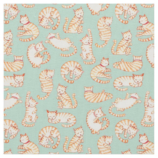 Orange Tabby Cats Illustrated Pattern Fabric (Close Up)