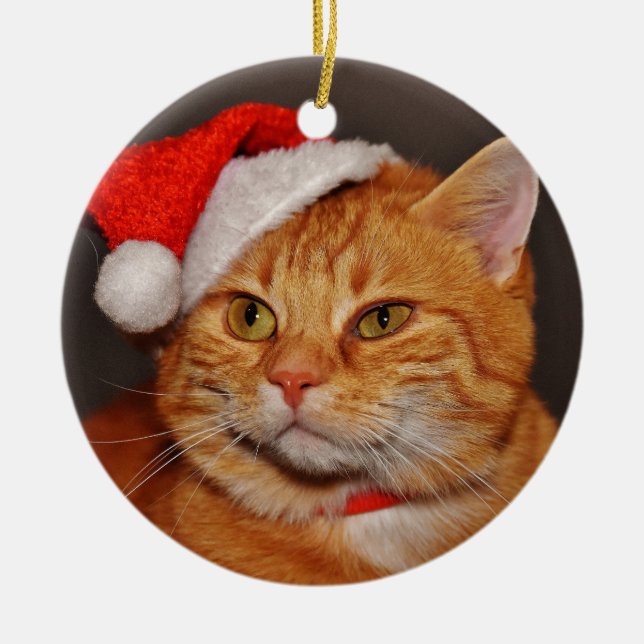 Orange Tabby Christmas Cat Ceramic Tree Decoration (Front)
