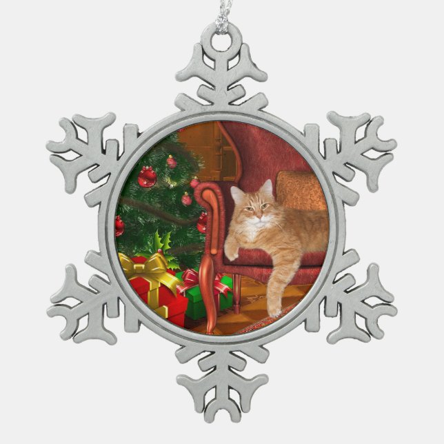Orange tabby Christmas Snowflake Pewter Christmas Ornament (Front)