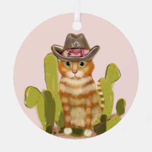 Orange Tabby Cowboy Cat Metal Tree Decoration