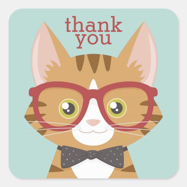 Orange Tabby Hipster Cat Thank You Stickers (Front)