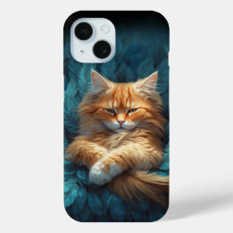 Orange Tabby Kitten in Bed of Blue Feathers iPhone 15 Case