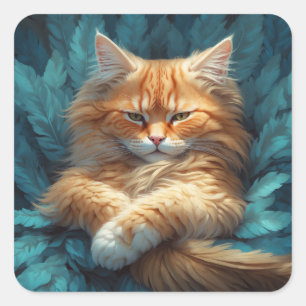 Orange Tabby Kitten in Bed of Blue Feathers Square Sticker