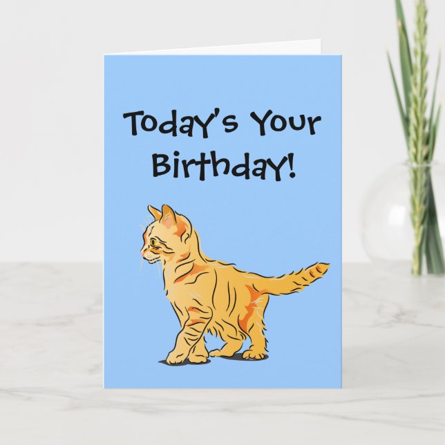 Orange Tabby Kitten on Blue Birthday Card (Front)