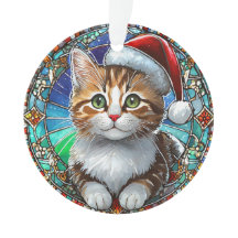 Orange Tabby Kitten with Santa Hat Stained Glass
