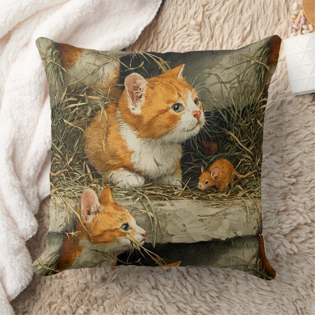 Orange Tabby Kittens Hunt For Mice Cushion (Blanket)