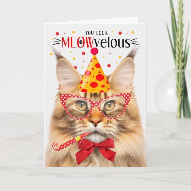 Orange Tabby Maine Coon Cat MEOWvelous Birthday Card (Front)