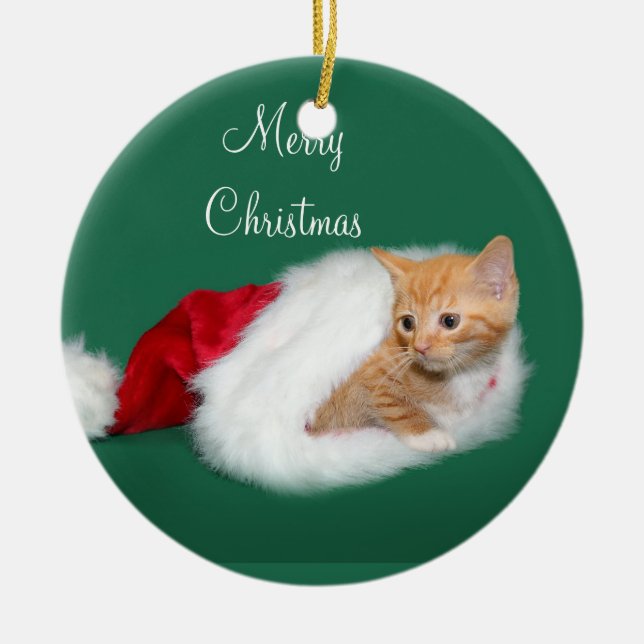 Orange tabby Santa hat Ceramic Tree Decoration (Front)