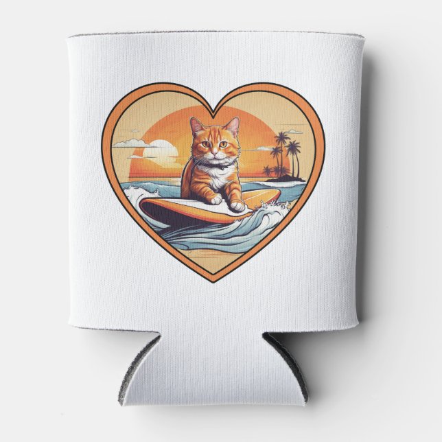 Orange Tabby Surfing Cat Can Cooler (Front)