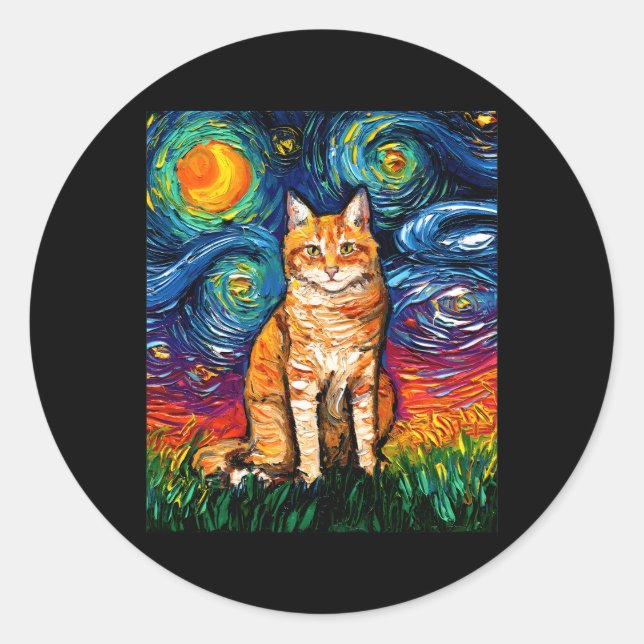 Orange Tabby Tiger Cat Starry Night Colourful By A Classic Round Sticker (Front)