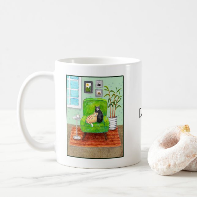 Orange tabby & Tuxedo Cat Snuggle Custom Name Coffee Mug (With Donut)