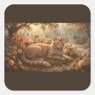 Orange Tabby Unicorn Cat – Enchanted Autumn Garden Square Sticker