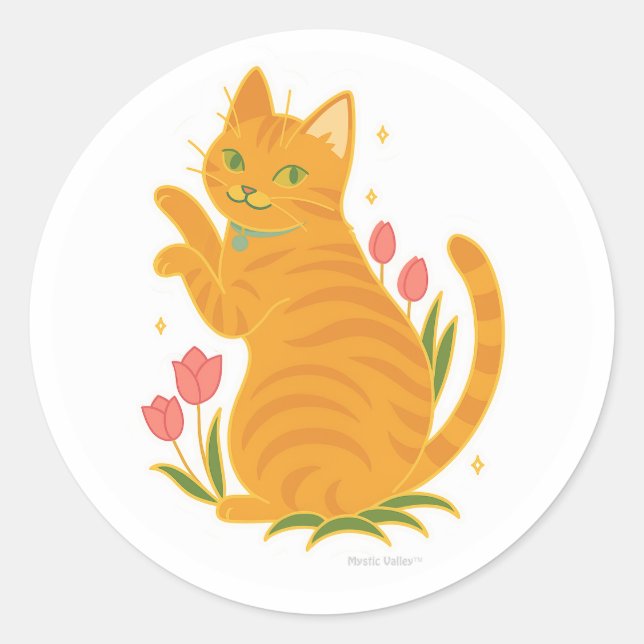 Orange Tabby with Tulips Classic Round Sticker (Front)
