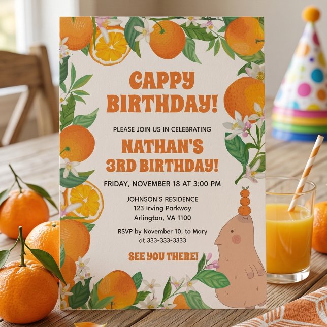 Orange Tangerine Capybara Kids Fun Cappy Birthday Invitation (Creator Uploaded)