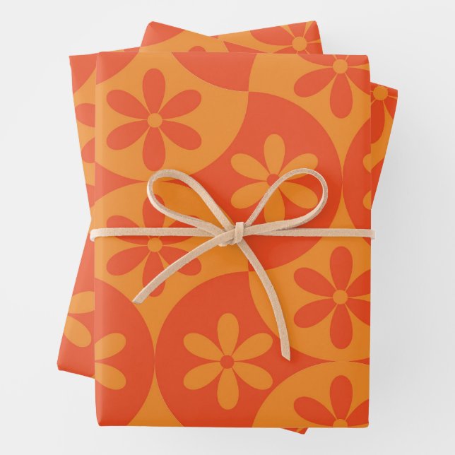 Orange Tangerine Flowers on Mid Century Scallop Wrapping Paper Sheet (In situ)