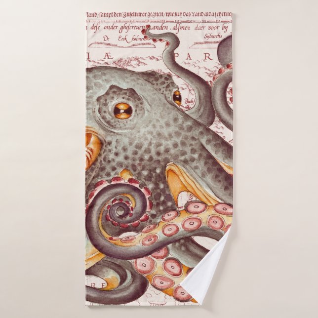 Orange tangerine Octopus Tentacles Vintage Map Bath Towel Set (Bath Towel)