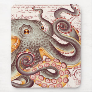 Orange Tangerine Octopus Tentacles Vintage Map Mouse Mat